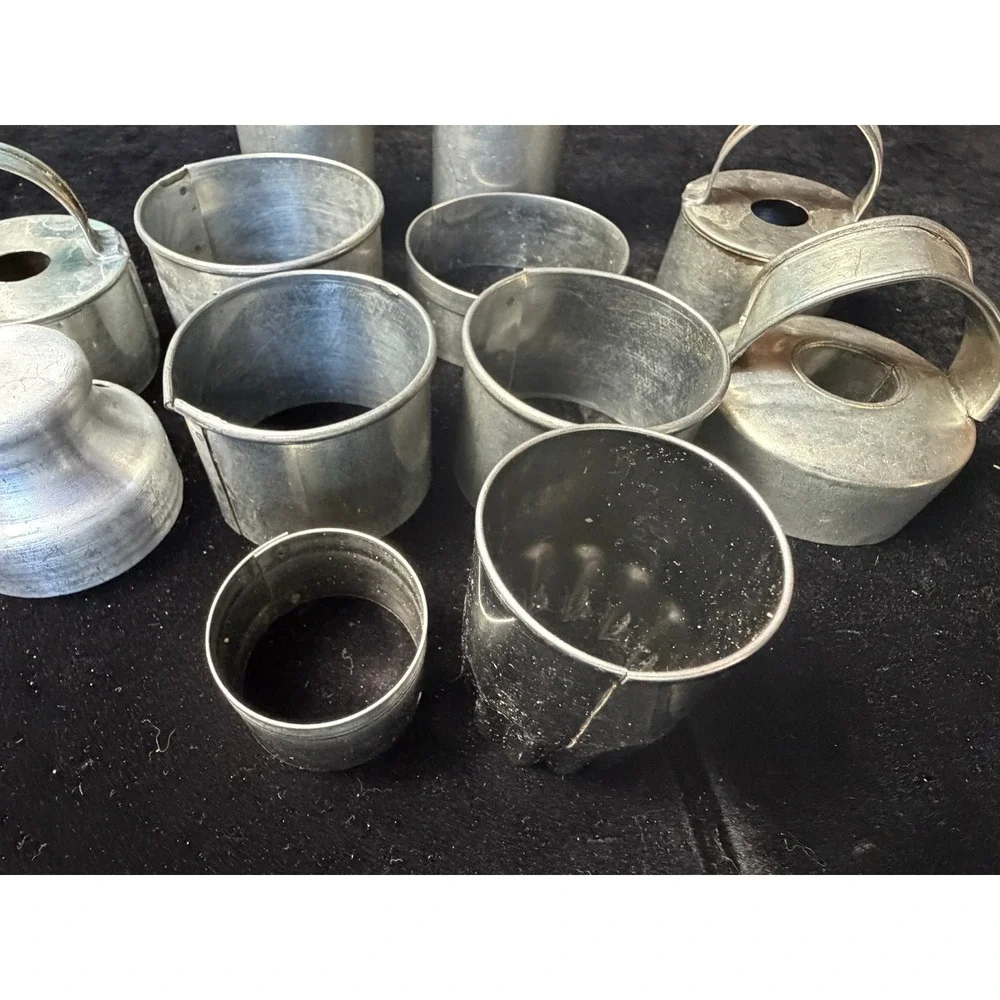 Vintage Tin Aluminum Biscuit Cookie Cutter Set 11pc Mixed Shapes Handled Rings